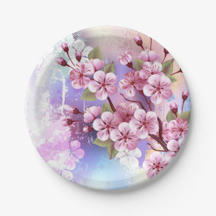 Rosa Sakura auf dem Hintergrund der Malerei Pappteller