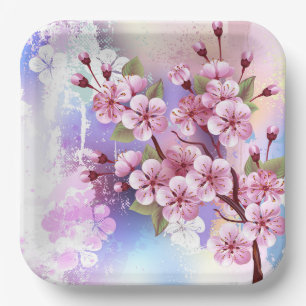 Rosa Sakura auf dem Hintergrund der Malerei Pappteller