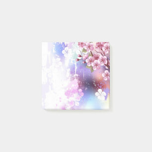 Rosa Sakura auf dem Hintergrund der Malerei Post-it Klebezettel