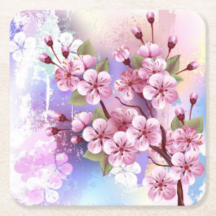 Rosa Sakura auf dem Hintergrund der Malerei Rechteckiger Pappuntersetzer
