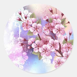 Rosa Sakura auf dem Hintergrund der Malerei Runder Aufkleber