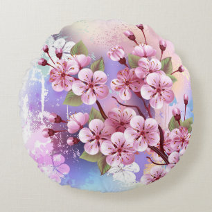 Rosa Sakura auf dem Hintergrund der Malerei Rundes Kissen