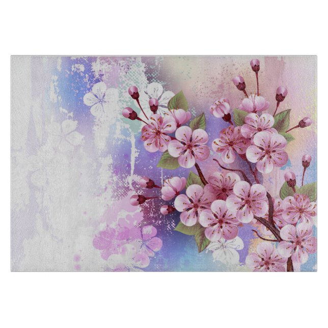 Rosa Sakura auf dem Hintergrund der Malerei Schneidebrett (Vorderseite)
