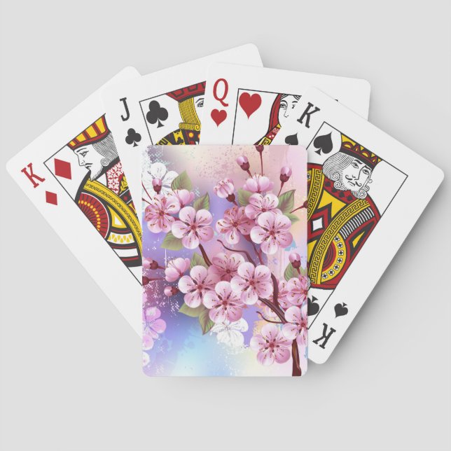 Rosa Sakura auf dem Hintergrund der Malerei Spielkarten (Rückseite)