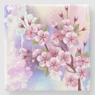Rosa Sakura auf dem Hintergrund der Malerei Steinuntersetzer