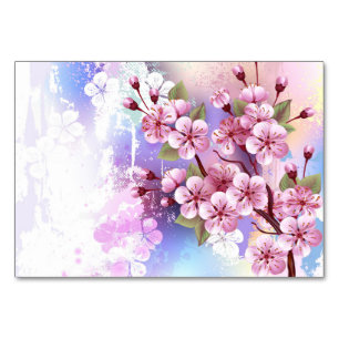 Rosa Sakura auf dem Hintergrund der Malerei Tischnummer