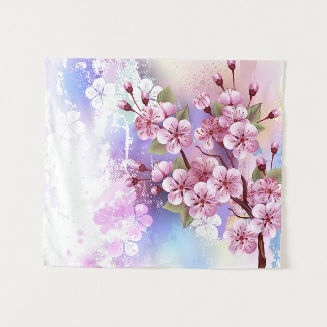 Rosa Sakura auf dem Hintergrund der Malerei Wandteppich (Vorderseite (Horizontal))