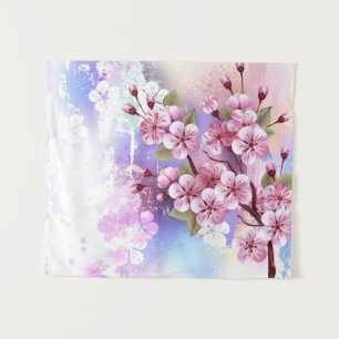Rosa Sakura auf gemaltem Hintergrund Wandteppich
