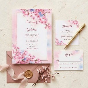 Rosa Sakura Blau Aquarell Bronze Rahmen Hochzeit Einladung