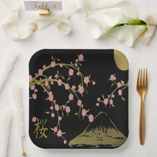 Rosa Sakura Gold Schwarz Japanischer Bildschirm Pappteller