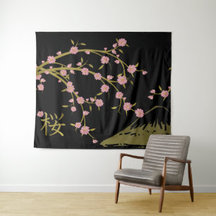 Rosa Sakura Gold Schwarz Japanischer Bildschirmpla Wandteppich