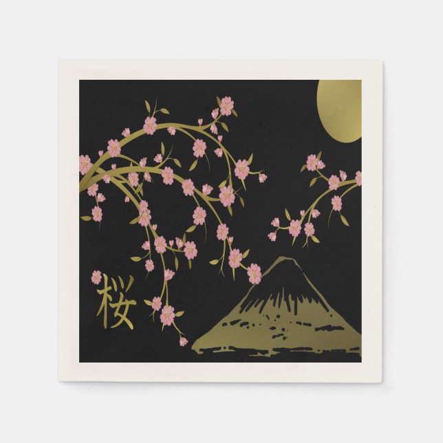 Rosa Sakura Gold Schwarz Japanisches Motiv Papier  Serviette (Vorderseite)