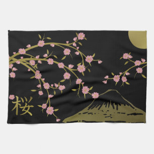 Rosa Sakura Gold Schwarzer Japanischer Bildschirm Geschirrtuch