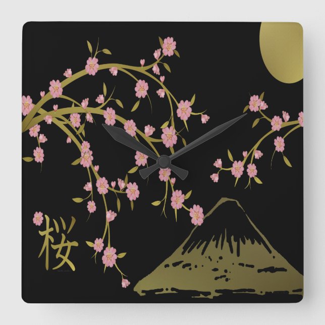 Rosa Sakura Gold Schwarzer Japanischer Bildschirm Quadratische Wanduhr (Vorderseite)