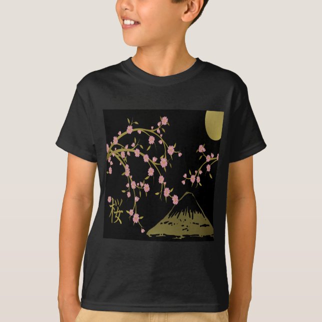 Rosa Sakura Gold Schwarzer Japanischer Bildschirm T-Shirt (Vorderseite)