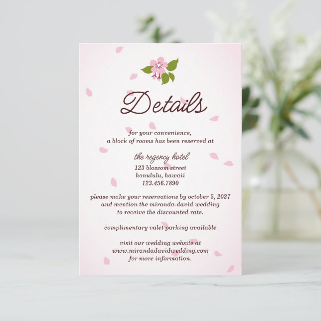 Rosa Sakura japanische Kirschblüten Hochzeit Begleitkarte (Stehend Vorderseite)