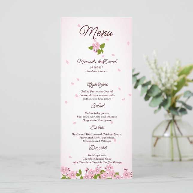 Rosa Sakura japanische Kirschblüten Hochzeit Menükarte (Stehend Vorderseite)