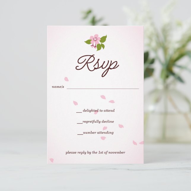 Rosa Sakura japanische Kirschblüten Hochzeit RSVP Karte (Stehend Vorderseite)
