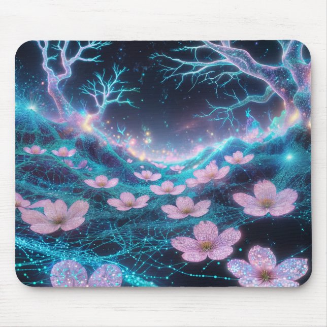 Rosa Sakura Kosmischer Neon Vibes Mousepad (Vorne)