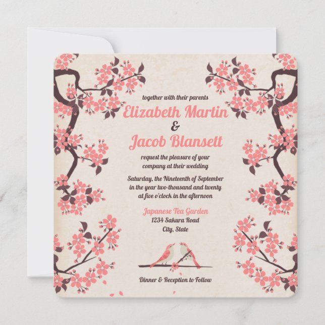 Rosa Sakura und liebende Vögel Hochzeit Einladung (Vorderseite)