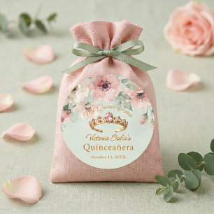 Rosa Salbei Grüne Florale Gold Tiara Quinceañera Runder Aufkleber