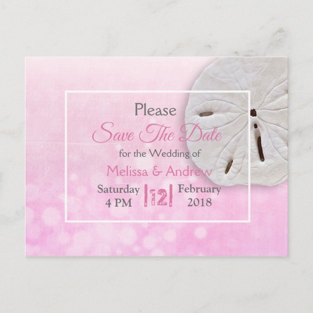 Rosa Sand Dollar Themed Wedding Save the Date Ankündigungspostkarte (Vorderseite)