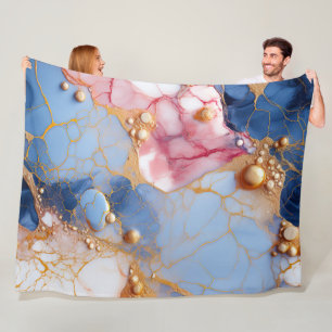 Rosa & Saphir-Marmor mit goldenen Perlen Fleecedecke