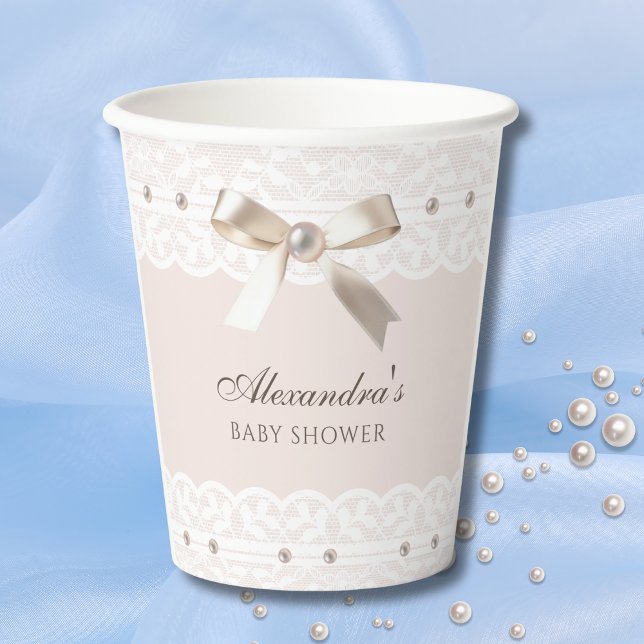 Rosa Satin Bow Regency White Lace Baby Dusche Pappbecher (Von Creator hochgeladen)