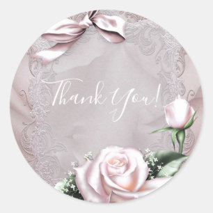 Rosa Satin-Schleife und Rose Romantische Hochzeits Runder Aufkleber
