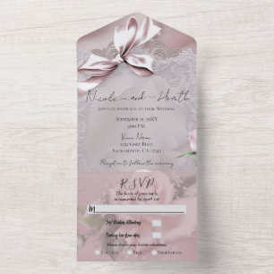 Rosa Satinband und Rose Romantische Hochzeitsfotos All In One Einladung