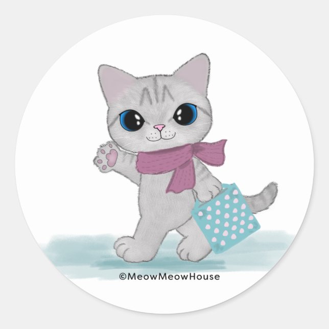 Rosa Scarf Katze Runder Aufkleber (Vorderseite)