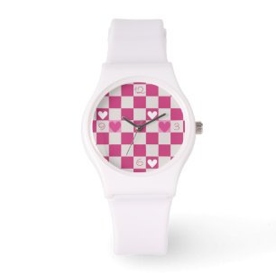 Rosa Schachbretter und Herz Armbanduhr
