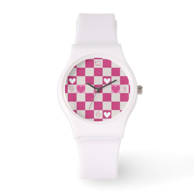 Rosa Schachbretter und Herz Armbanduhr (Vorderseite)