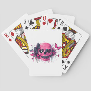 Rosa Schädel mit Schmetterlingen und Herz Spielkarten