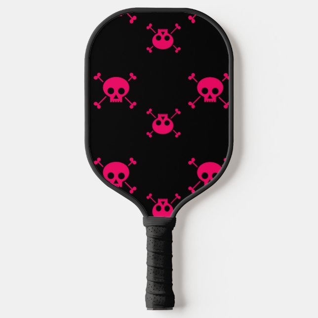 Rosa Schädel und Kreuzknochen auf schwarz Pickleball Schläger (Vorderseite)