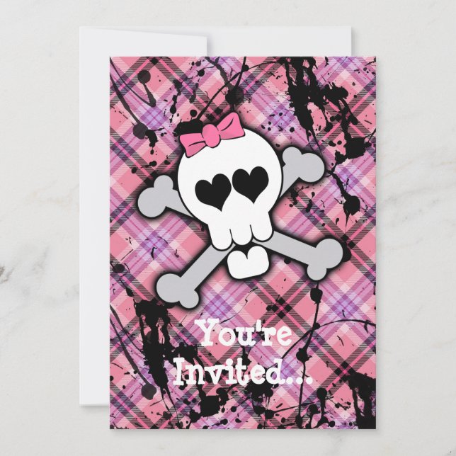 Rosa Schädel und Kreuzknochen mit Herz und Bow Einladung (Vorderseite)