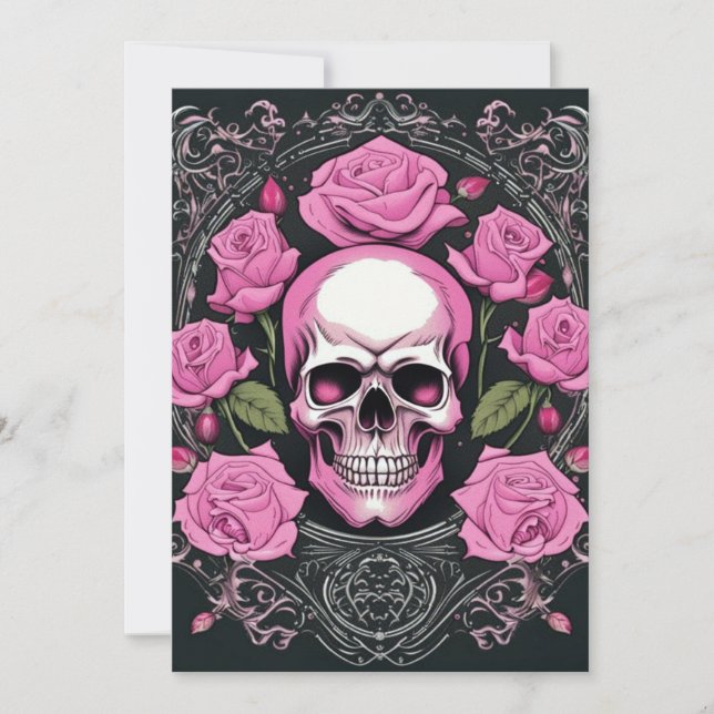 Rosa Schädel und Rose Gotische Hochzeit Einladung (Vorderseite)