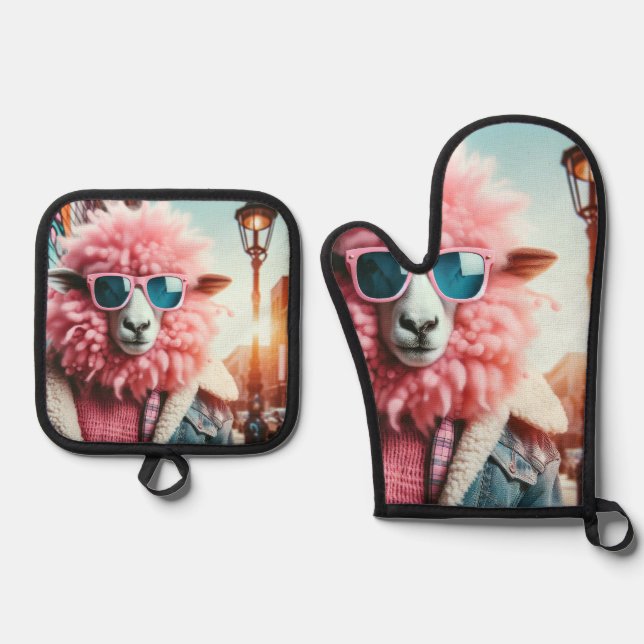 Rosa Schafe Ofenhandschuh & Topflappen-Set (Vorderseite)