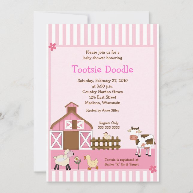 Rosa Scheunen-Farm der Tiereyard Babyparty lädt Einladung (Vorderseite)