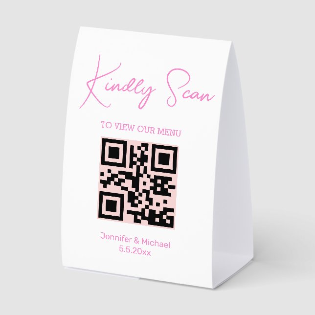 rosa schicke trendy qr Code Hochzeitsmenü Tischaufsteller (Vorderseite)
