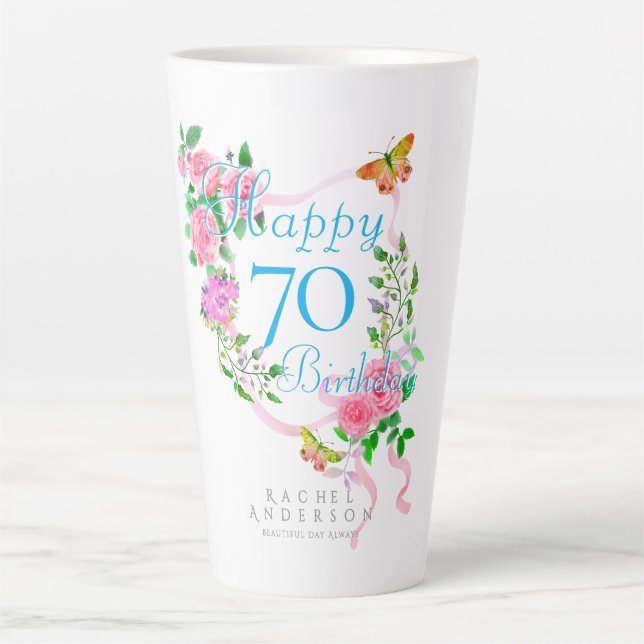 Rosa Schleife 70. Geburtstag Milchtasse (Vorderseite)