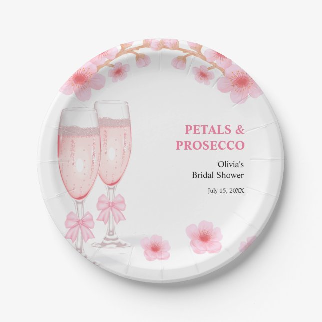 Rosa Schleife Blumen und Prosecco Brautparty  Pappteller (Vorderseite)