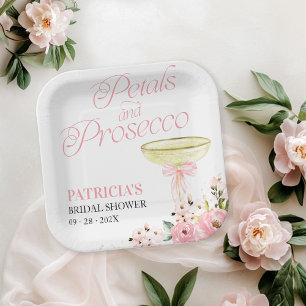 Rosa Schleife Blumenblüten und Prosecco Brautparty Pappteller