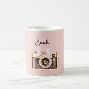 Rosa Schleife Braune Kamera Lächeln Kaffeetasse