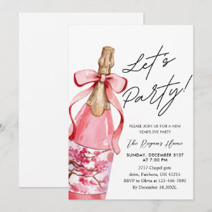 Rosa Schleife Champagnerflasche Silvesterparty Einladung