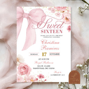 Rosa Schleife Coquette floral Sweet Sixteen Einladung