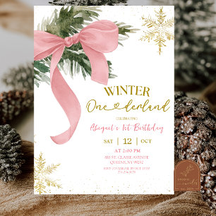 Rosa Schleife Coquette Winter Onederland Geburtsta Einladung