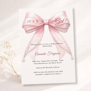 Rosa Schleife Elfenbein It's a girl Perlen Baby Sh Einladung