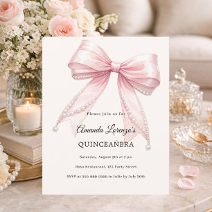 Rosa Schleife Elfenbeinperlen Quinceanera-Einladun