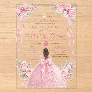 Rosa Schleife Floral Quinceañera Sweet 16. Geburts Acryleinladungen